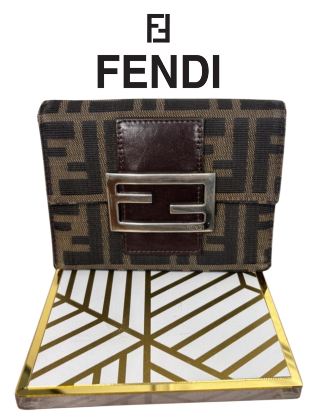 Fendi Brown Zucca Canvas Compact Bifold Wallet with Silver FF Buckle W/COA